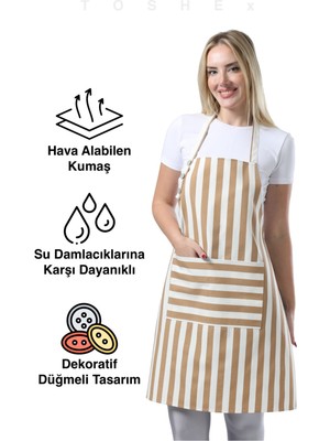 Mediterian Su geçirmez mutfak önlüğü, geniş cepli, çizgili kahverengi ve beyaz, 70x80 cm, pamuk polyester