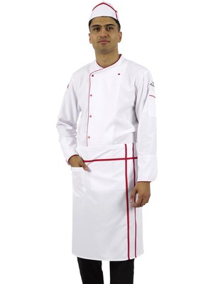 Mediterian Biyeli bel önlük, cepli, alpaka kumaş, 70x58, beyaz-kırmızı, şef ve garsonlar için