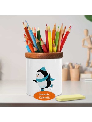 Buz Pateni Yapan Mutlu Penguen Ahşap Seramik Kalemlik-92