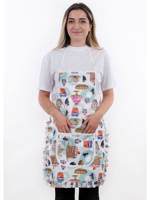 Mediterian Renkli ve şık su geçirmez mutfak önlüğü, pratik tasarım, 50x70 cm, beyaz