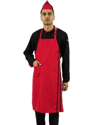 Mediterian Biyeli askılı mutfak önlüğü, cepli, şık ve kullanışlı, kırmızı ve siyah renk seçenekleri