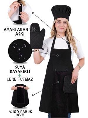 Mediterian Ayar Askılı 5'li Mutfak Seti: Havlu, Şapka, Eldiven, Tutacak, Siyah, 50x70, Pamuk Polyester