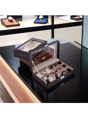 9 Yuvalı (6+3) Lüks Deri Cam Kapaklı Şık Tasarıma Sahip Saat ve Gözlük  Saklama Kutusu (Kilitli)