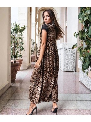 Saklı Moda Kadın Leopar Desenli Dantelli Jesica Kumaş Maxi Boy Elbise