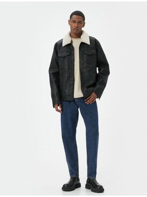 Koton Suni Deri Ceket Yakası Kürklü Cepli Fermuarlı Astarlı Slim Fit