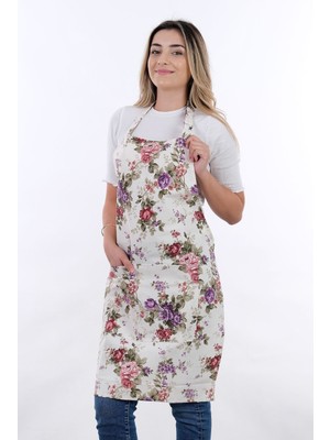 Mediterian Mor Gül desenli şık ayar askılı mutfak önlüğü, 60x80, pamuk polyester