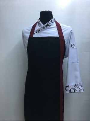 Mediterian Boydan Askılı Aşçı ve Garson Önlüğü, Bordo Bantlı, Polyester, Siyah, Mutfak ve Restoran Kullanımı