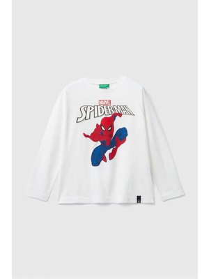 Erkek Çocuk Logolu Spiderman Baskılı Uzun Kollu T-Shirt - Beyaz