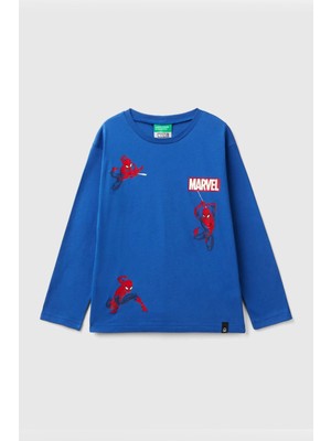  Erkek Çocuk Logolu Spiderman Baskılı Uzun Kollu T-Shirt - Saks Mavi