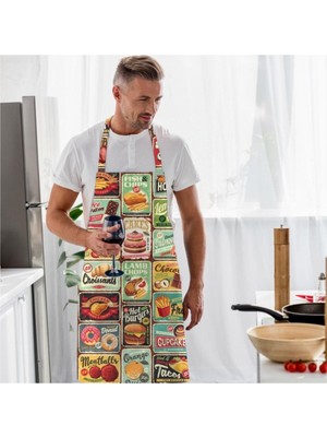 Mediterian Renkli Junk Food desenli şık önlük, mutfağınıza neşe ve tarz katacak güzel tasarım