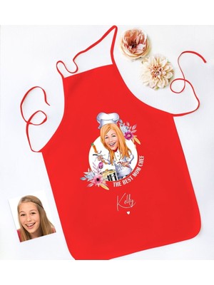 Mediterian Kişiye Özel Karikatür Anneler Günü Kırmızı Mutfak Önlüğü, 77x150 cm, Renkli
