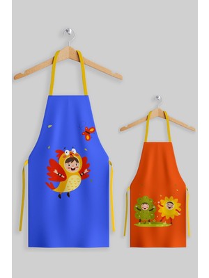 Mediterian Renkli anne ve çocuk mutfak önlüğü seti, şık ve kullanışlı 2'li tasarım 55x70 cm