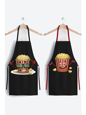 Mediterian Popcorn desenli iki parça siyah mutfak önlüğü seti, 50x70 cm, polyester