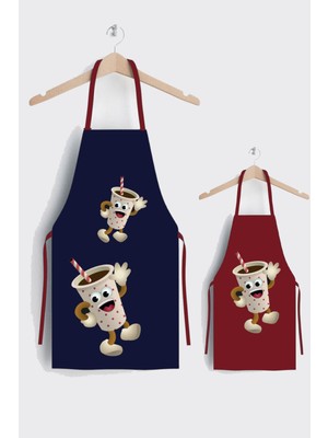 Mediterian Lacivert ve kırmızı mutfak önlüğü seti, anne ve çocuk için şık ve kullanışlı.