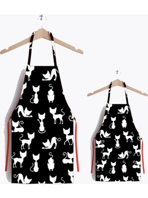 Mediterian Siyah kedi temalı çocuk ve anne için leke tutmaz mutfak önlüğü, polyester, 60x70 cm