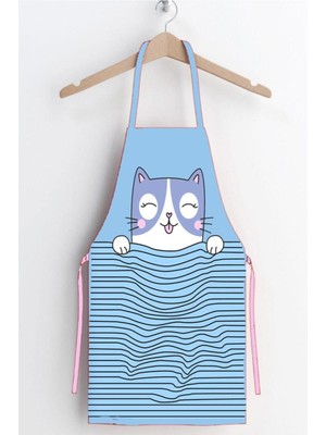 Mediterian Mavi kedi desenli leke tutmaz mutfak önlüğü 60x70 polyester