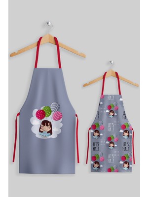 Mediterian Renkli anne çocuk mutfak etkinlik seti, eğlenceli ve şık tasarım, 55x70 cm, gri kırmızı