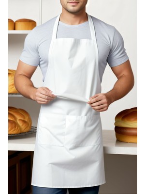 Mediterian Beyaz Erkek Aşçı Önlüğü, geniş cepli, polyester, 80x65 boyut.