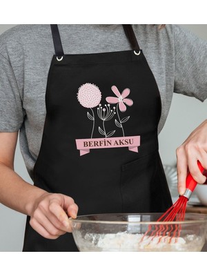 Mediterian Kişiye Özel Anneler Günü Siyah Keten Profesyonel Mutfak Önlüğü