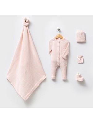 Nipperland 8158N Kız Bebek Triko Fitil Örgülü Beşli Kutulu Naturel Pembe Hastane Çıkış Seti (0-3 Ay)