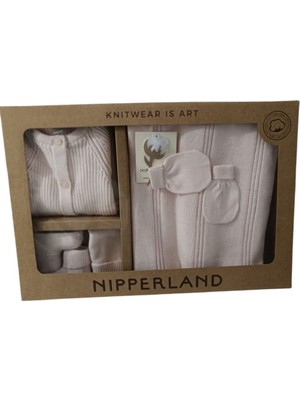 Nipperland 8158N Kız Bebek Triko Fitil Örgülü Beşli Kutulu Naturel Pembe Hastane Çıkış Seti (0-3 Ay)