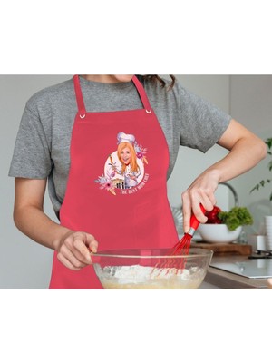Mediterian Kişiye Özel Renkli Karikatürlü Kırmızı Mutfak Önlüğü, 77x150 cm, Kumaş