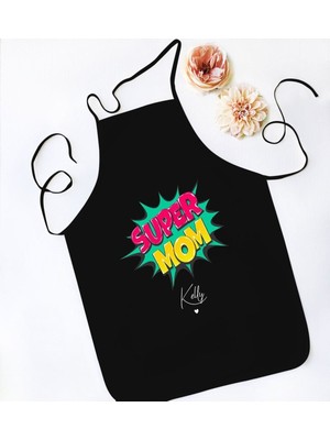 Mediterian Kişiye Özel Anneler Günü Temalı Çok Renkli Siyah Mutfak ve Aşçı Önlüğü 77x150