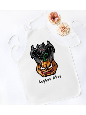 Mediterian Kişiye Özel Renkli Halloween Temalı Beyaz Mutfak Önlüğü, 6'lı Paket, Pamuk, Çok Renkli