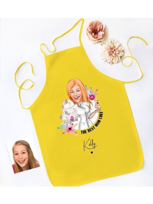 Mediterian Kişiye Özel Karikatürlü Anneler Günü Sarı Mutfak Önlüğü, Renkli ve Şık Tasarım