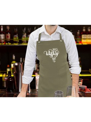 Mediterian Kişiye Özel Haki Yeşil Bar ve Mutfak Önlüğü, Renkli Tasarım, 77x150 cm, Pamuk Polyester