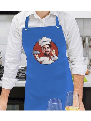 Kişiye Özel Erkek Chef Karikatürlü Profesyonel Saks Mavi Mutfak Önlüğü, Aşçı Önlüğü, Şef Önl
