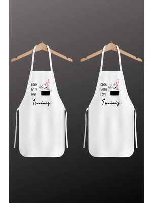 Çiftlere Özel Beyaz Kumaş Isim Yazılabilir Cook With Love Baskılı Ikili Mutfak Önlüğü