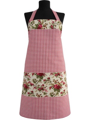 Mediterian Kareli Pamuklu Mutfak Önlüğü, Su ve Leke İtici, Kırmızı, Çeyizlik ve Hediyelik