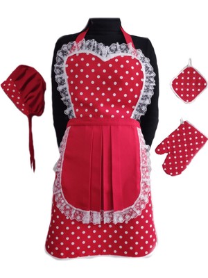 Mediterian Kırmızı Puantiyeli 4'lü Mutfak Seti: Önlük, Bone ve Eldiven, Kumaş, Renk: Kırmızı