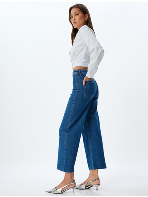 Koton Kısa Paça Kot Pantolon Normal Bel Düğmeli Cepli - Culotte Jeans