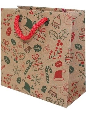 Parti Adresi Yılbaşı Hediye Çantası Desenli Kraft Karton Çanta 11X11 cm 25'li