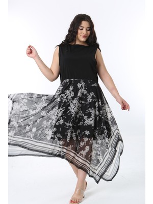 Kadın Büyük Beden Siyah Etek Kısmı Astarlı Şifon Elbise 65N38593
