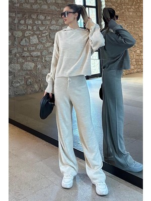 Bej Kapüşonlu Triko Kadın Eşofman Takımı MG2237