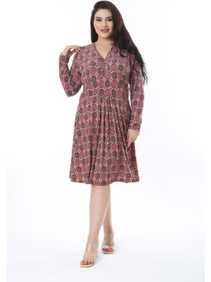 Kadın Büyük Beden Renkli Belden Büzgülü V Yakalı Uzun Kollu Elbise 65N38576