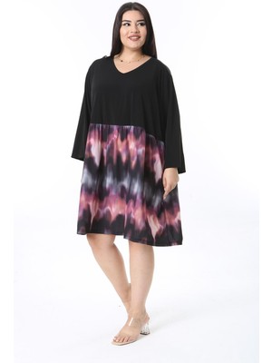 Kadın Büyük Beden Siyah Rahat Kesim Eteği Desenli Kapri Kollu Elbise 65N38488