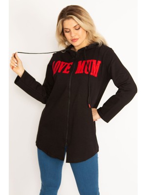 Kadın Siyah Kapşonlu Ön Fermuar ve Baskı Detaylı Sweatshirt 65N34681