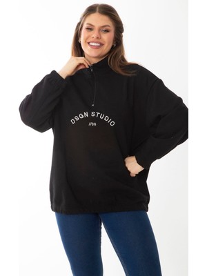 Kadın Büyük Beden Siyah Içi Şardonlu Ön Patı Fermuar ve Nakış Detaylı Sweatshirt 65N37017
