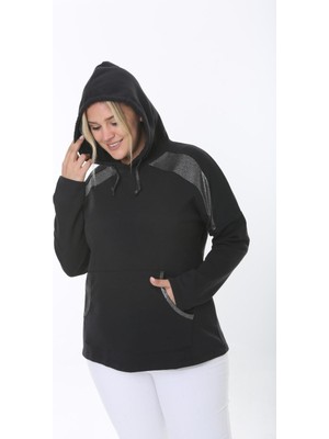 Kadın Büyük Beden Siyah 3 Iplik Kapüşonlu Cepli Sweatshirt 65N38328