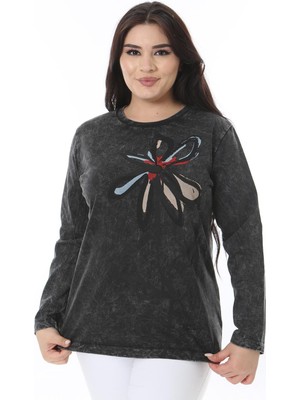 Kadın Büyük Beden Antrasit Yıkama Efektli Baskılı Sweatshirt 65N38631