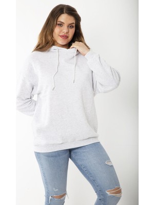 Kadın Büyük Beden Gri Içi Şardonlu Üç Iplik Kapşonlu Arkası Baskılı Sweatshirt 65N37204