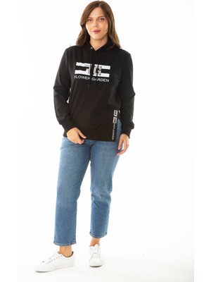 Kadın Büyük Beden Oranj Taş ve Baskı Detaylı Kapşonlu Yan Yırtmaçlı Sweatshirt 65N36867