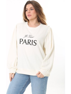 Kadın Büyük Beden Kemik Omuz Büzgülü Nakış ve Süs Düğme Detaylı Sweatshirt 65N37526