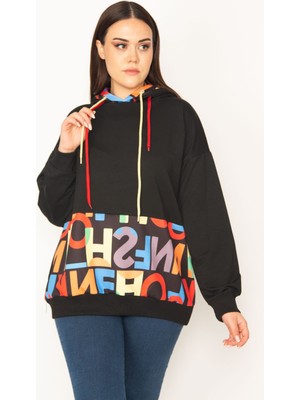 Kadın Siyah Kapşonlu Ön Yazılı Sweatshirt 65N31325