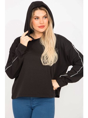 Kadın Siyah Kolları Biye Detaylı Kapşonlu Sweatshirt 65N35301