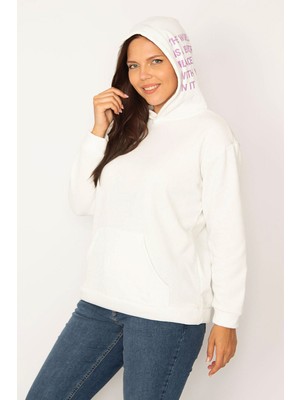 Kadın Beyaz Kapşonlu Kanguru Cepli Içi Şardonlu Polar Sweatshirt 65N34583